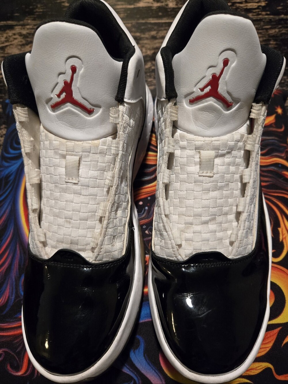 Jordan White Woven Slip-On Sneakers with Black Patent Toe and Red Jumpman